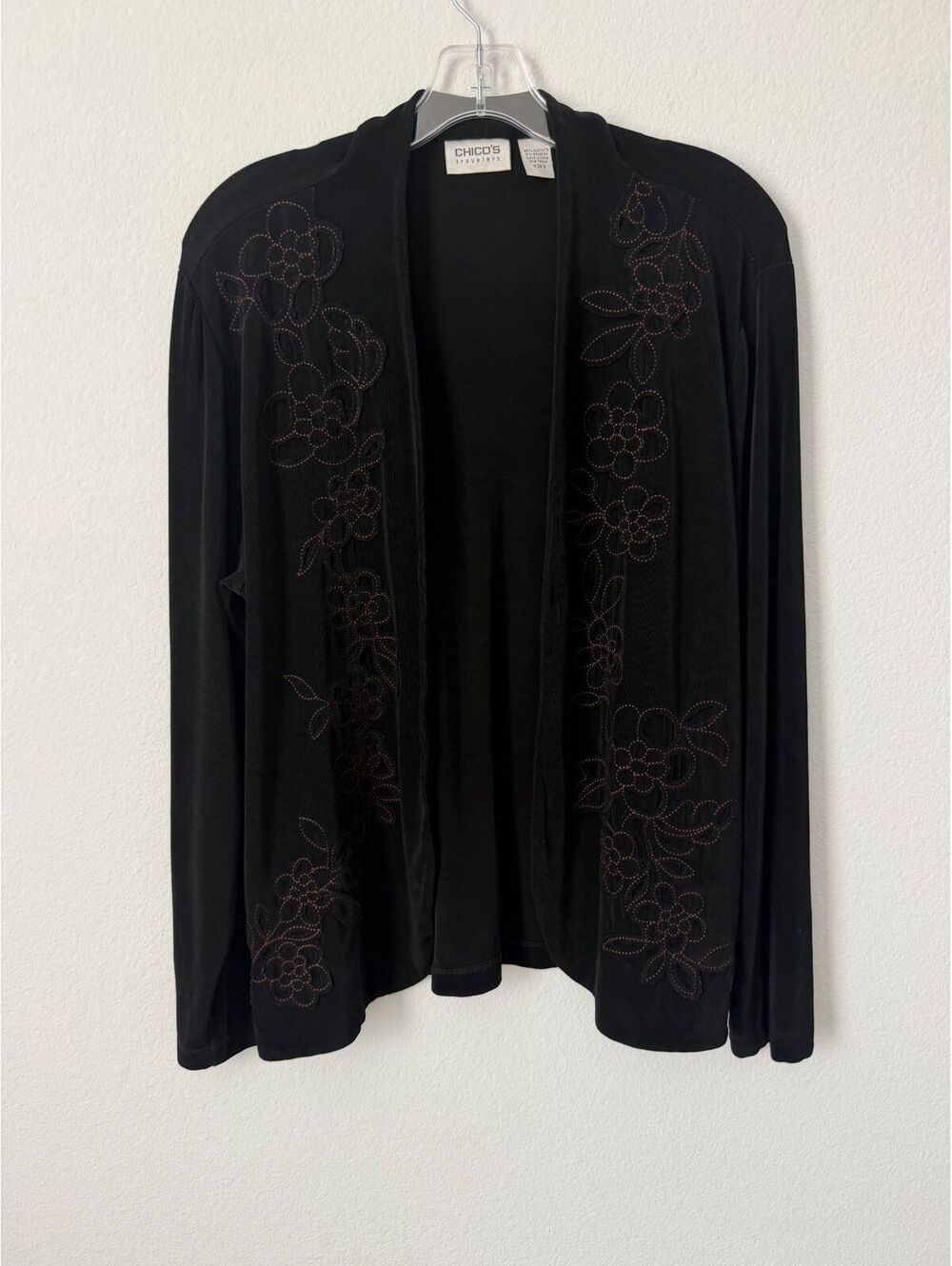 Chico’s Travelers Floral Embroidered Open Front Cardigan Sweater Size 3 (XL)